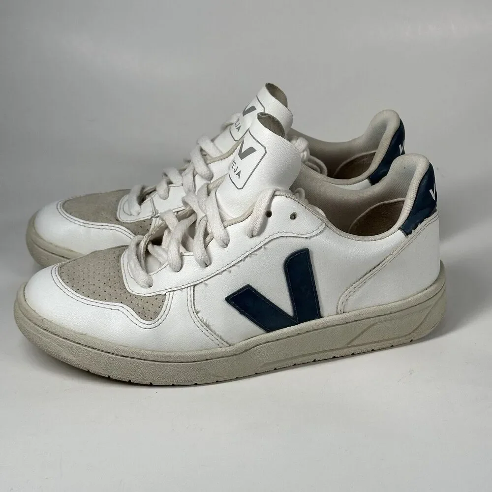 Veja Shoes Women Size 7 V-10 CWL California White Blue Logo Leather Sneakers - Picture 6 of 16